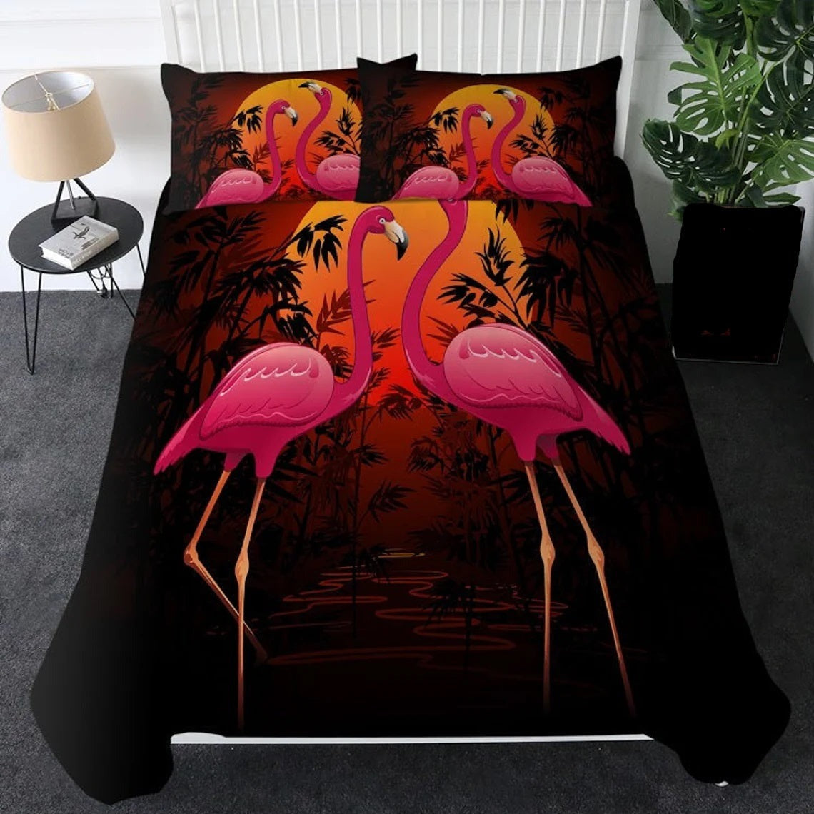 Flamingo Bedding Set Sunset Flamingo Bamboo Plant Duvet Covers Pink Orange Unique Gift