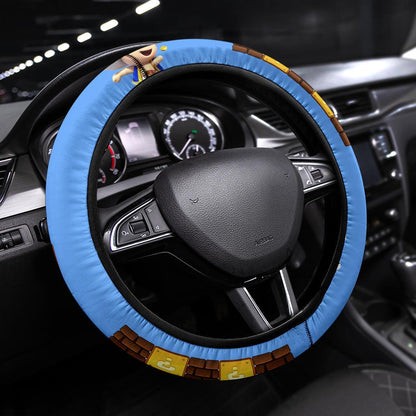 Mario Steering Wheel Cover Super Mario Mushrrom And Bricks Pattern Driving Wheel Cover Blue