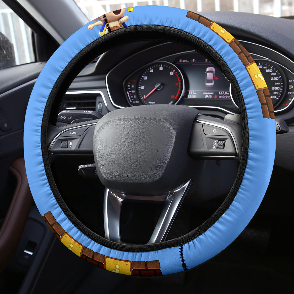 Mario Steering Wheel Cover Super Mario Mushrrom And Bricks Pattern Driving Wheel Cover Blue