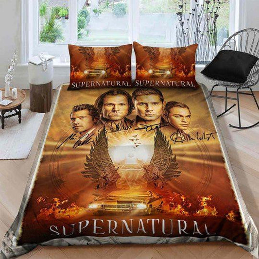 Supernatural Bedding Set Supernatural Symbol Characters Car Duvet Covers Orange Unique Gift