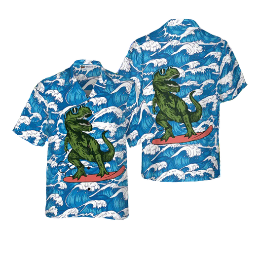 Dinosaur Hawaii Shirt Surfing T-Rex Dinosaur Ocean Wave Pattern Hawaiian Shirt Blue Unisex