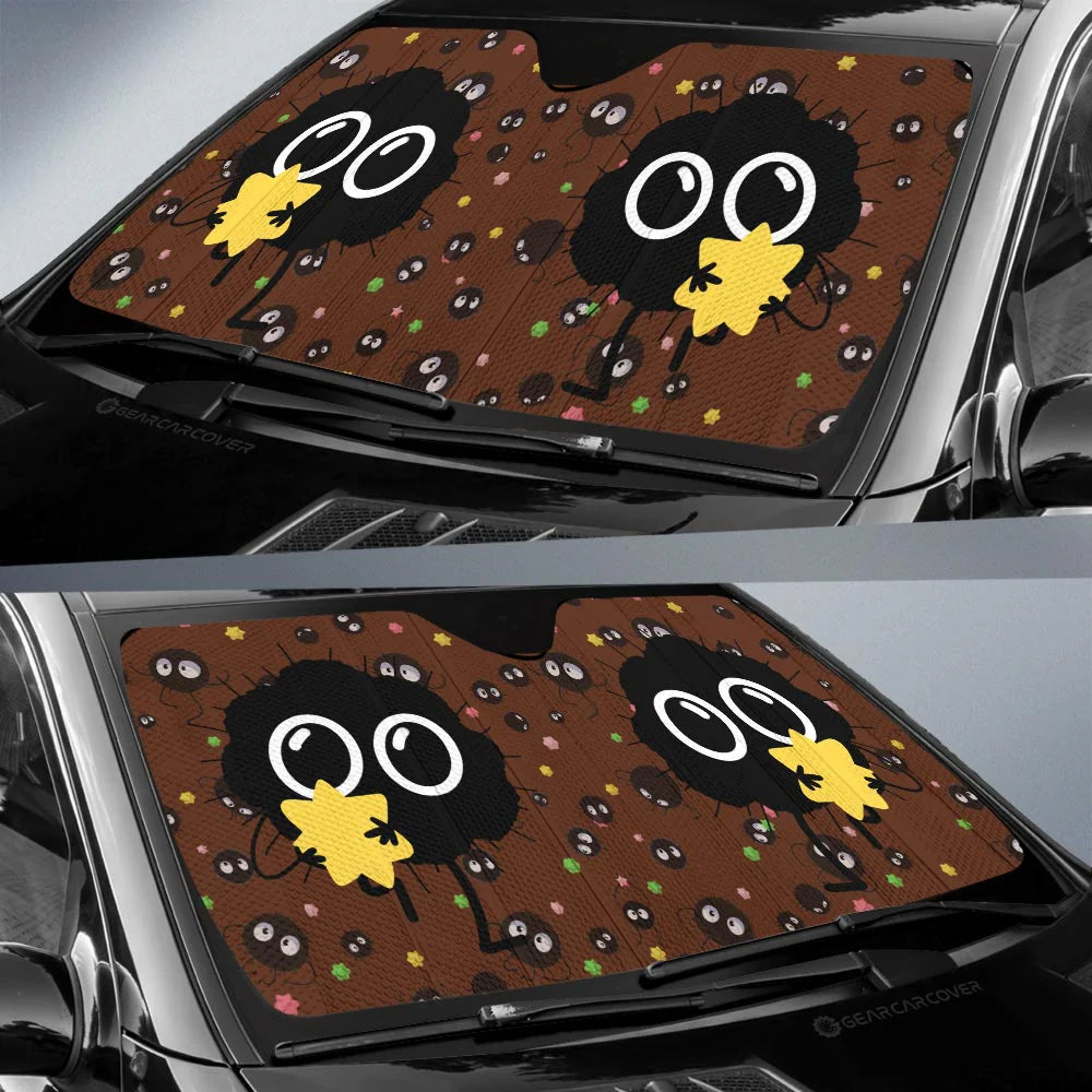 SGhibli Car Sun Shade Susuwatari With Star Pattern Winshield Sun Shade Brown