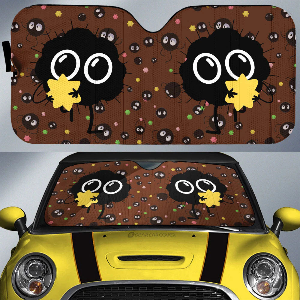 SGhibli Car Sun Shade Susuwatari With Star Pattern Winshield Sun Shade Brown