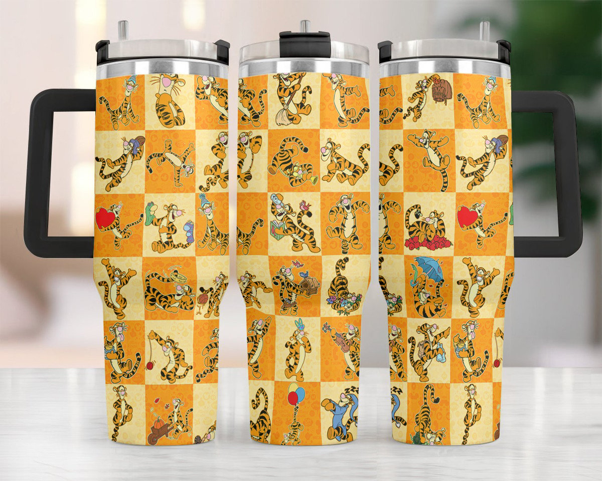 WTP 40 Oz Tumbler DN Tigger Characters Checkered Pattern Tumbler 40 Oz Orange