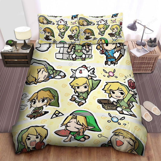 The Legend Of Zelda Bedding Set Link Actions In Chibi Pattern Duvet Covers Yellow Green Unique Gift