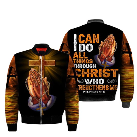 Jesus Bomber Jacket I Can Do All Things Through Christ Bomber Black Orange Unisex