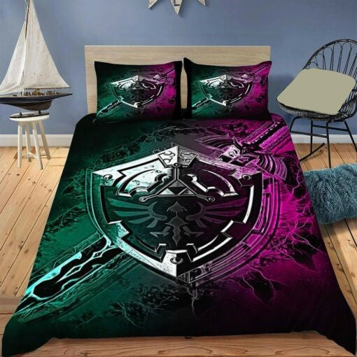 The Legend Of Zelda Bedding Set Shield And Sword Graphic Duvet Covers Green Pink Unique Gift