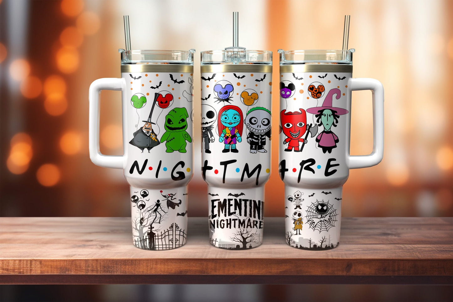 TNBC 40 Oz Tumbler Nightmare Characters Halloween Pattern Tumbler 40 Oz Colorful