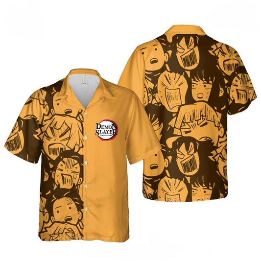 Demon Slayer Hawaii Shirt Zenitsu Tanjiro Inosuke Emotion Pattern Hawaiian Shirt Black Orange Unisex