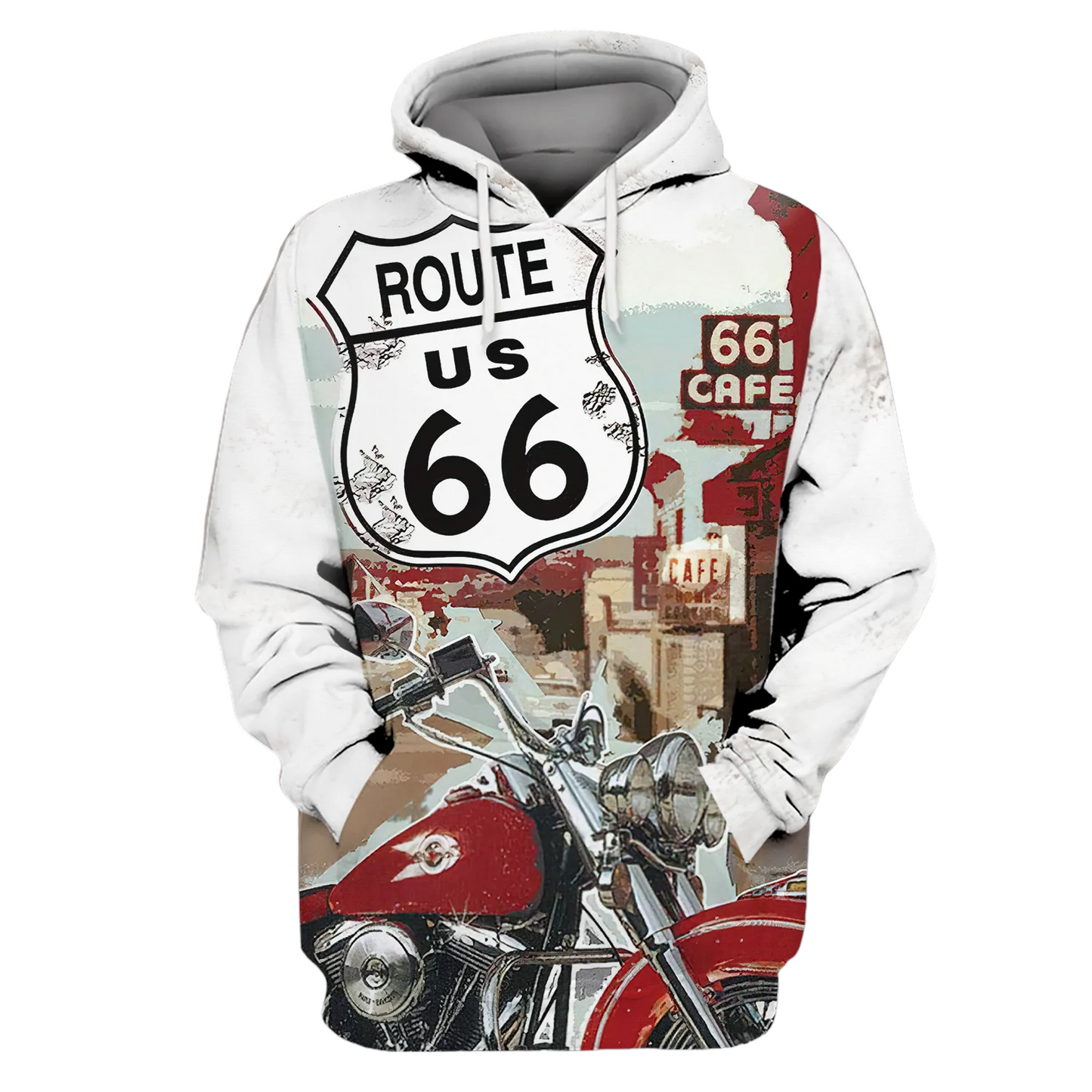 Motorcycle Hoodie Biker Motorcycle Ruote 66 Graphic Hoodie White Red Unisex