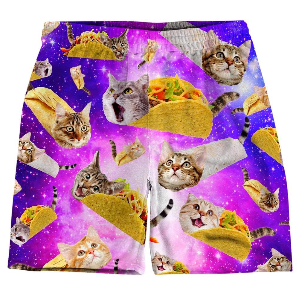 Funny Shorts Tacos And Cats In Galaxy Beach Shorts Colorful