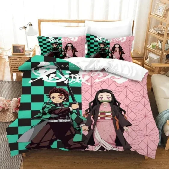 Demon Slayer Bedding Set Tanjiro And Nezuko Costume Pattern Duvet Covers Green Pink Unique Gift