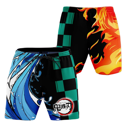 Demon Slayer Shorts Tanjiro Breathing Technique Water And Fire Beach Shorts Colorful