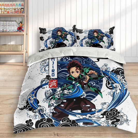 Demon Slayer Bedding Set Tanjiro Kamado Fighting Water Breathing Duvet Covers Blue White Unique Gift