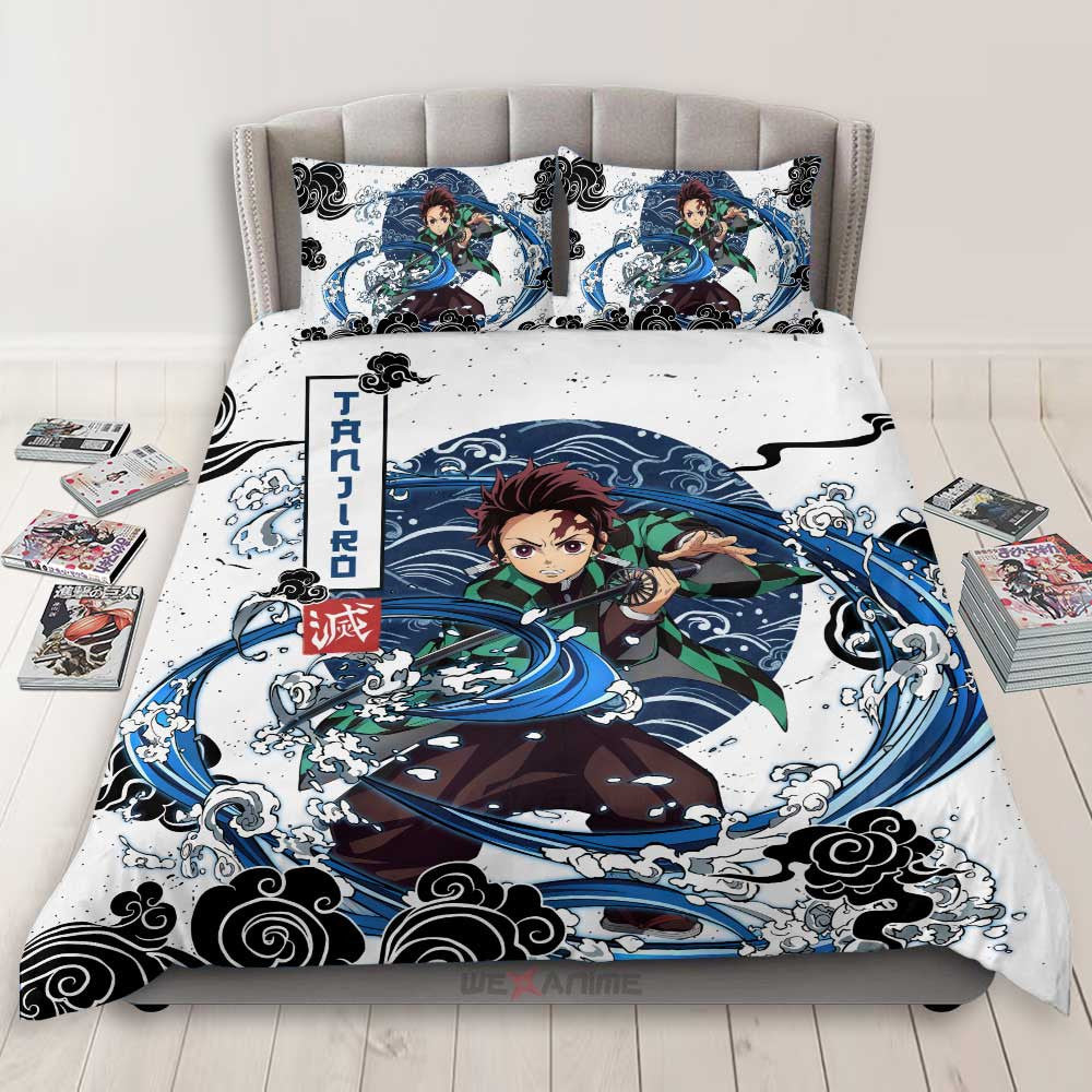 Demon Slayer Bedding Set Tanjiro Kamado Fighting Water Breathing Duvet Covers Blue White Unique Gift