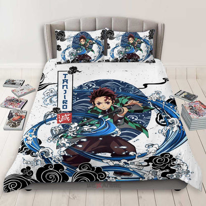 Demon Slayer Bedding Set Tanjiro Kamado Fighting Water Breathing Duvet Covers Blue White Unique Gift