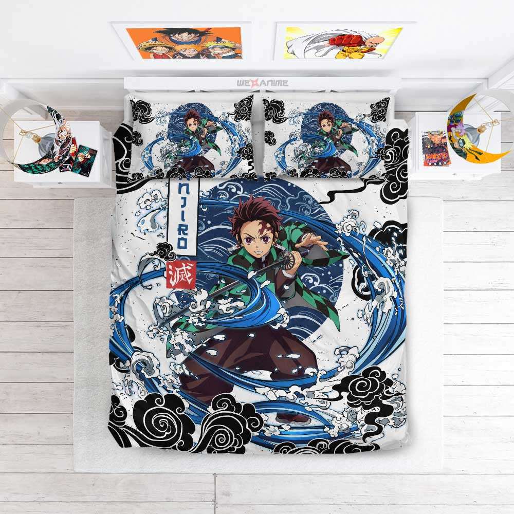 Demon Slayer Bedding Set Tanjiro Kamado Fighting Water Breathing Duvet Covers Blue White Unique Gift