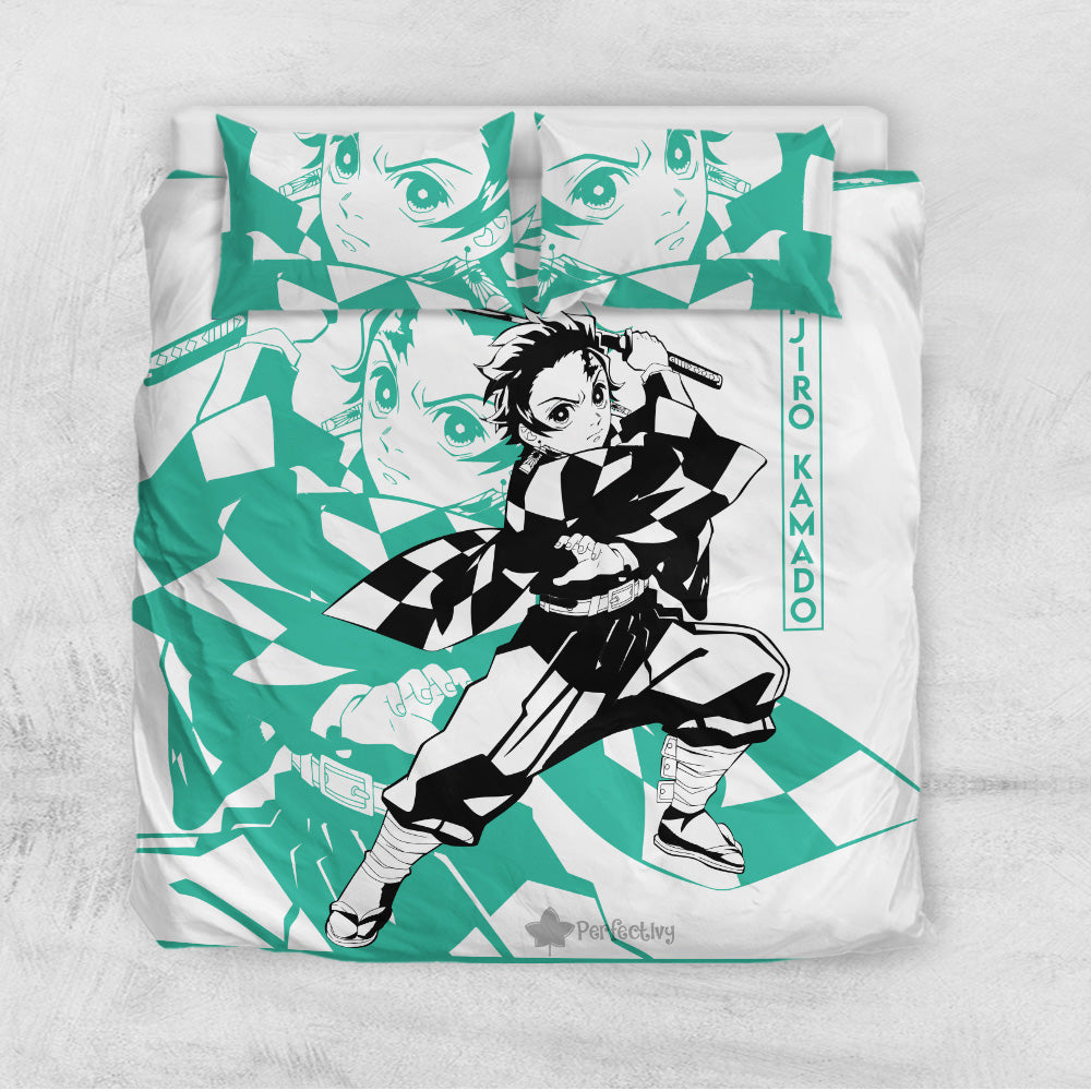 Demon Slayer Bedding Set Tanjiro Kamado Fighting Scene Duvet Covers Green White Unique Gift