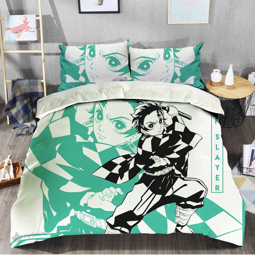 Demon Slayer Bedding Set Tanjiro Kamado Fighting Scene Duvet Covers Gr ...