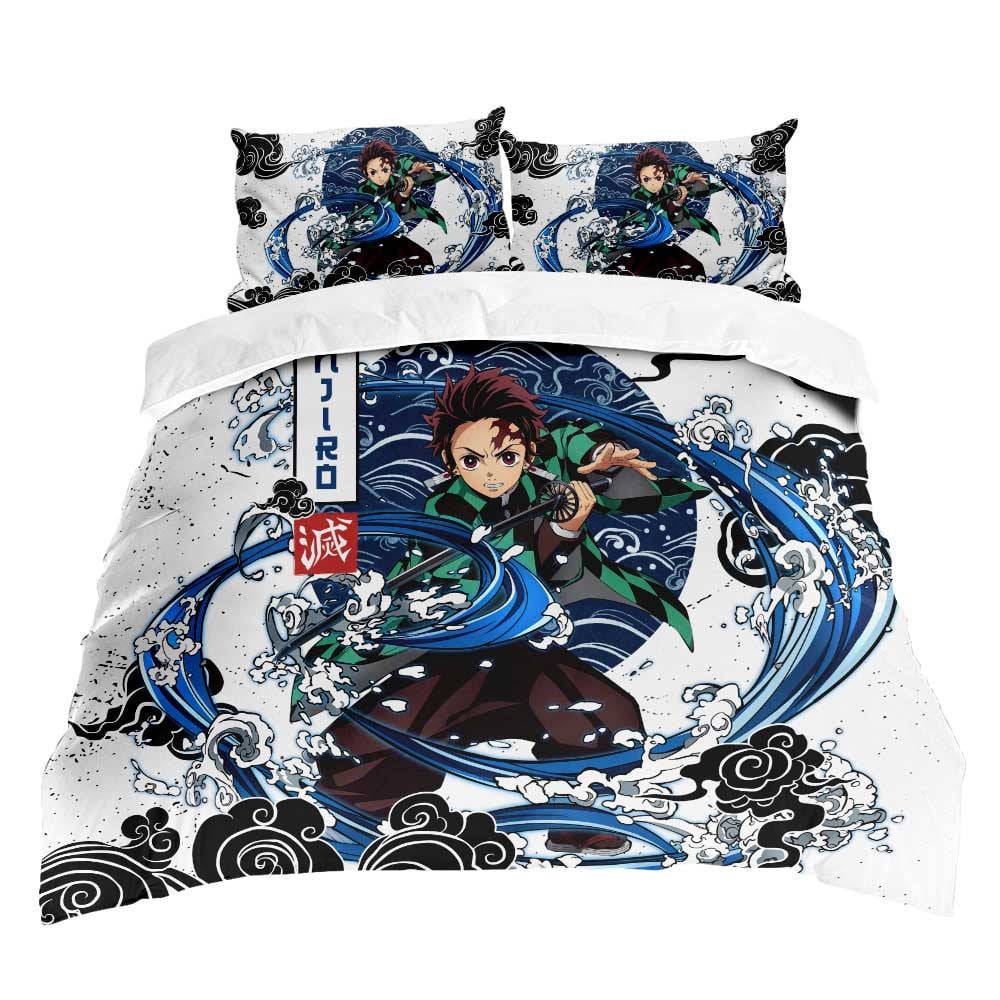 Demon Slayer Bedding Set Tanjiro Kamado Fighting Water Breathing Duvet Covers Blue White Unique Gift