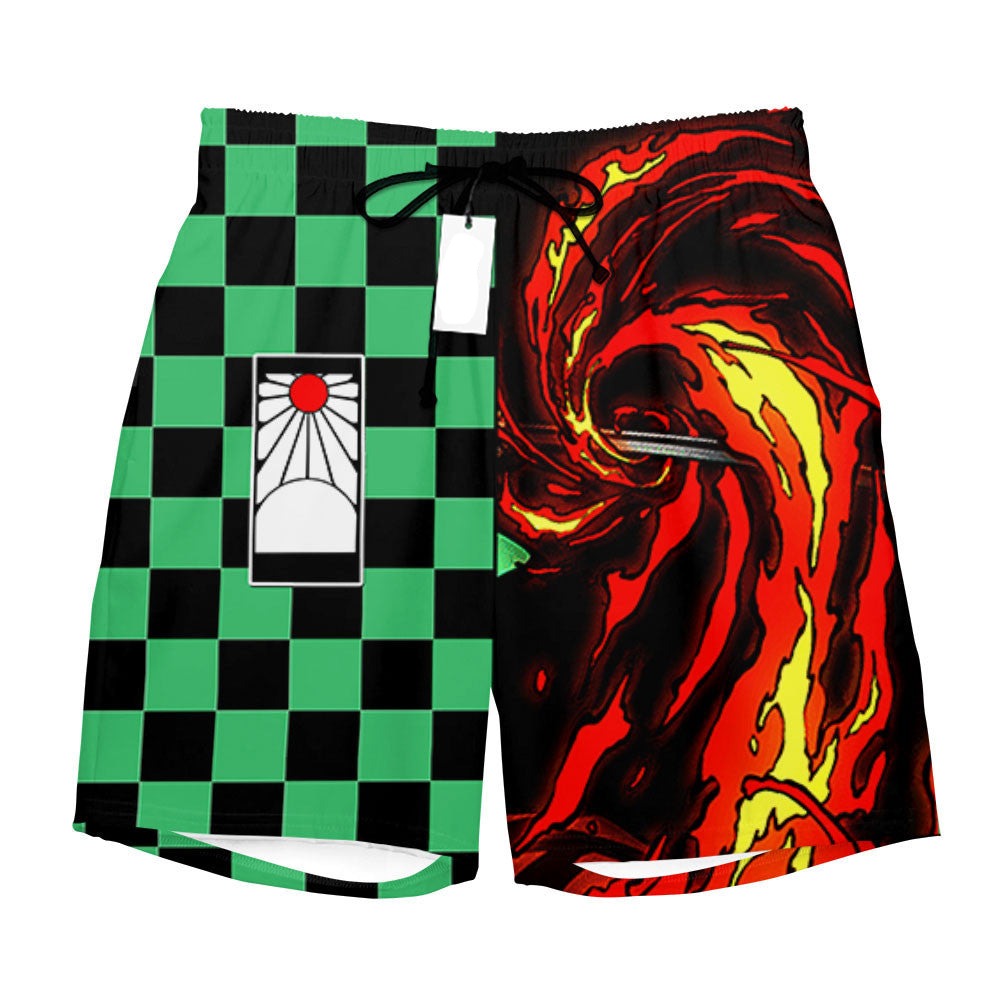 Demon Slayer Shorts Tanjiro Komado Pattern And Fire Breathing Beach Shorts Red Green