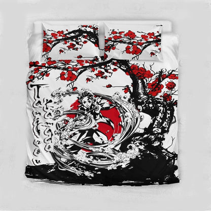 Demon Slayer Bedding Set Tanjirou Kamado Cherry Blossom Duvet Covers Black White Unique Gift