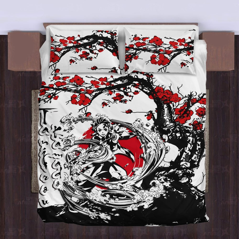 Demon Slayer Bedding Set Tanjirou Kamado Cherry Blossom Duvet Covers Black White Unique Gift