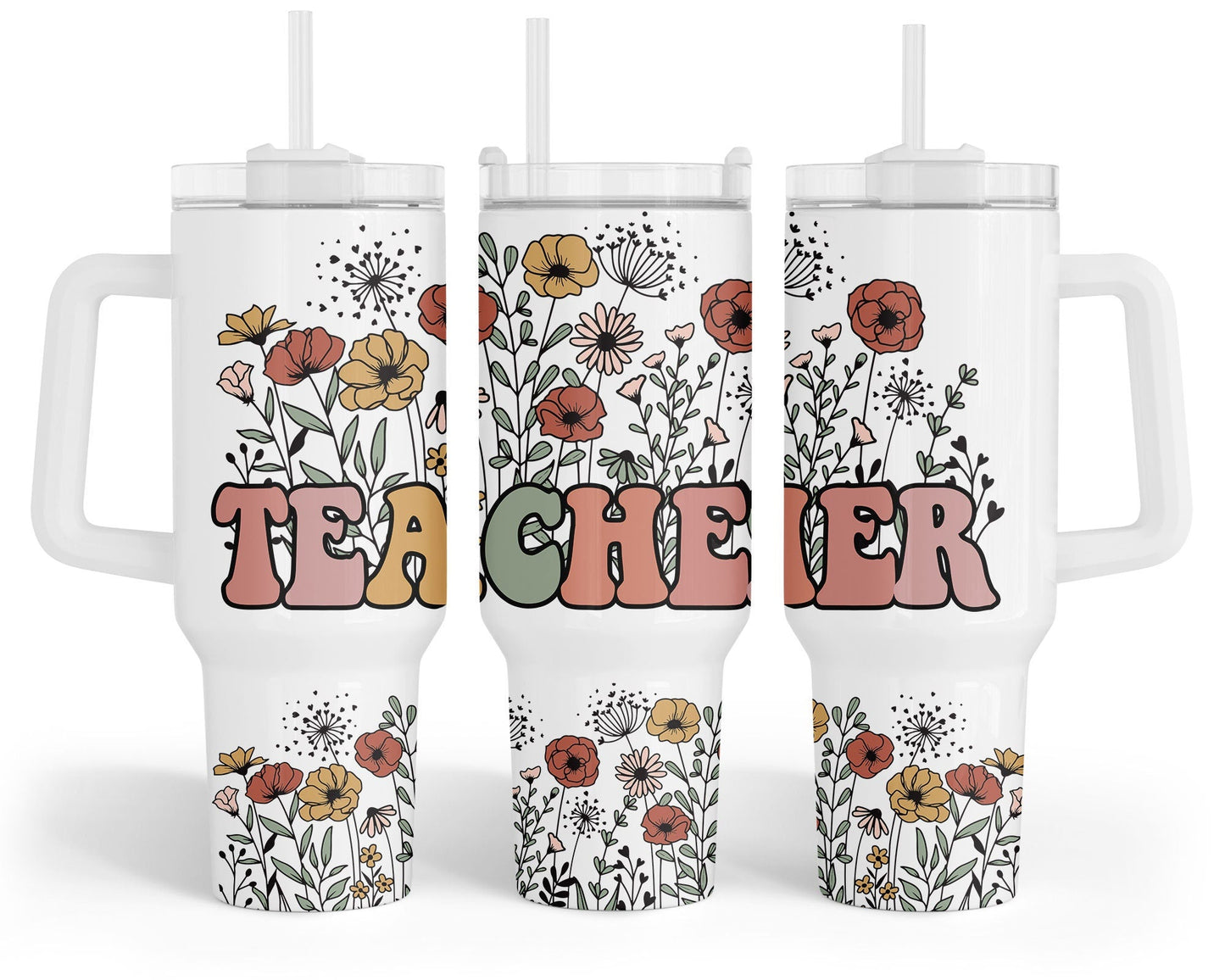 Teacher 40 Oz Tumbler Teacher Retro Wildflowers Pattern Tumbler 40 Oz White