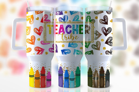 Teacher 40 Oz Tumbler Teacher Tribe Heart Crayon Pattern Tumbler 40 Oz Colorful