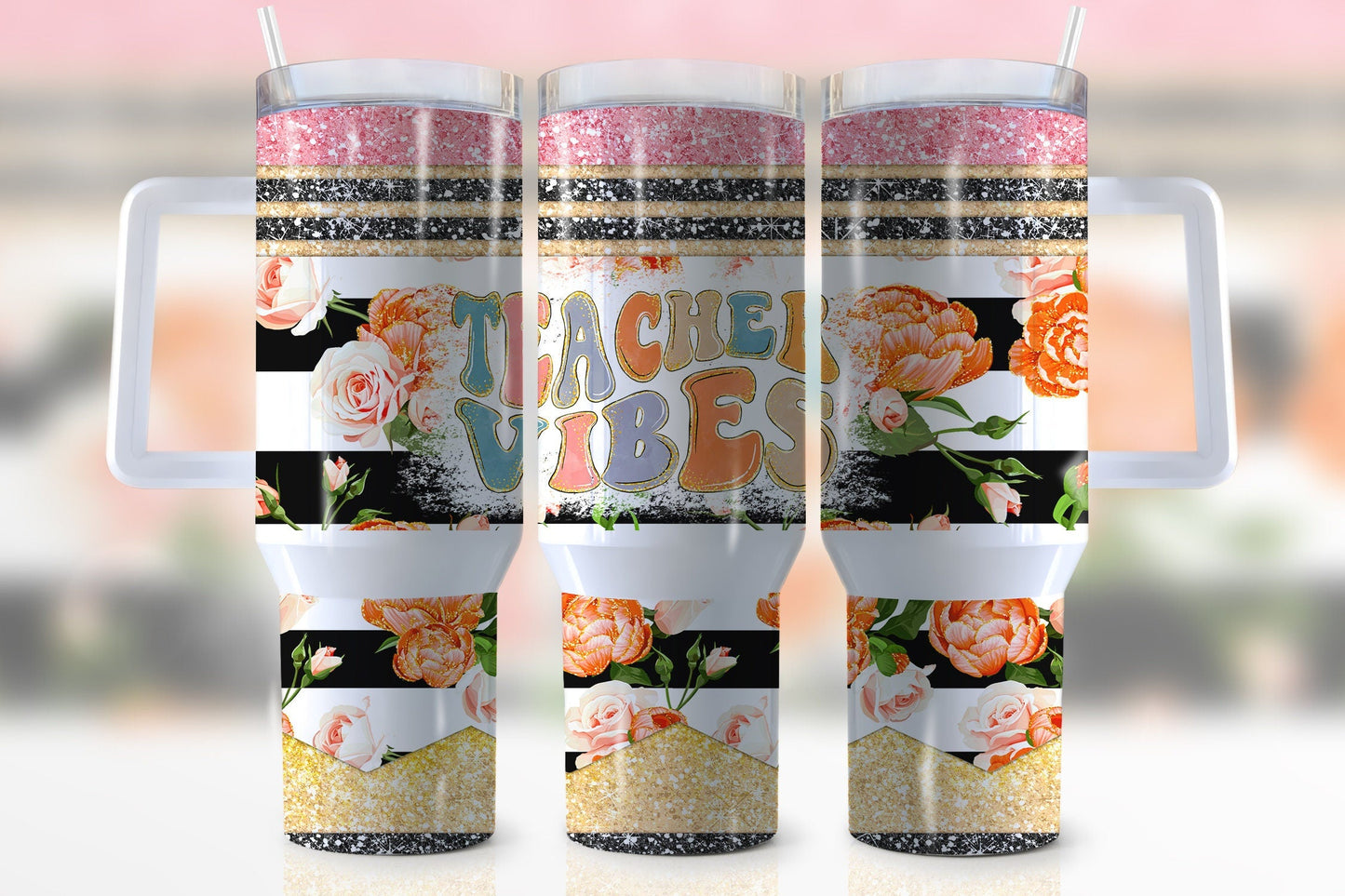 Teacher 40 Oz Tumbler Teacher Vibes Rose Flowers Pattern Tumbler 40 Oz Colorful