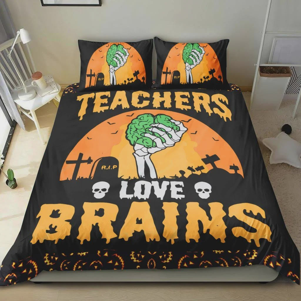 Teacher Bedding Set Teachers Love Brains Halloween Duvet Covers Black Orange Unique Gift