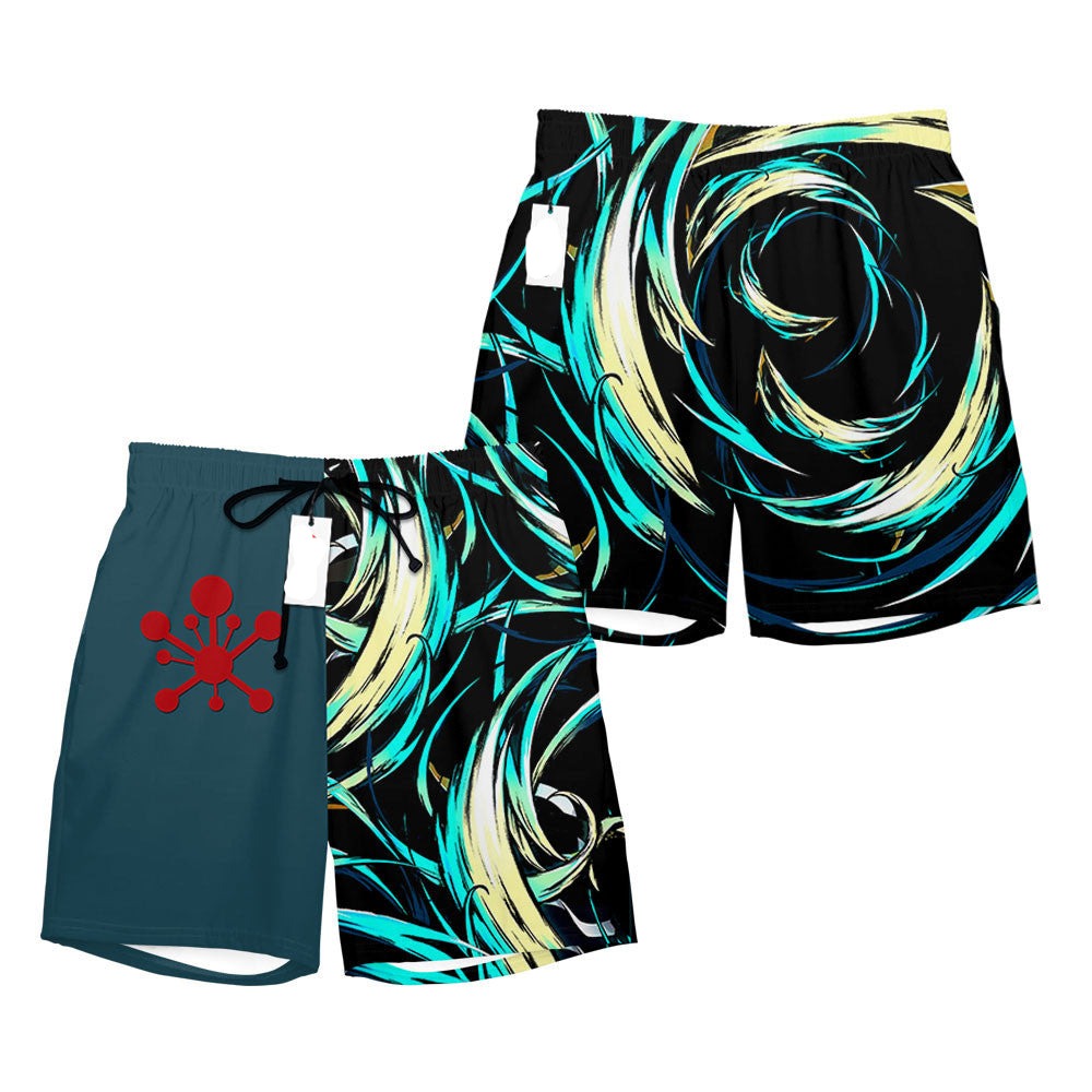 Demon Slayer Shorts Tengen Uzui Pattern And Sound Breathing Beach Shorts Green