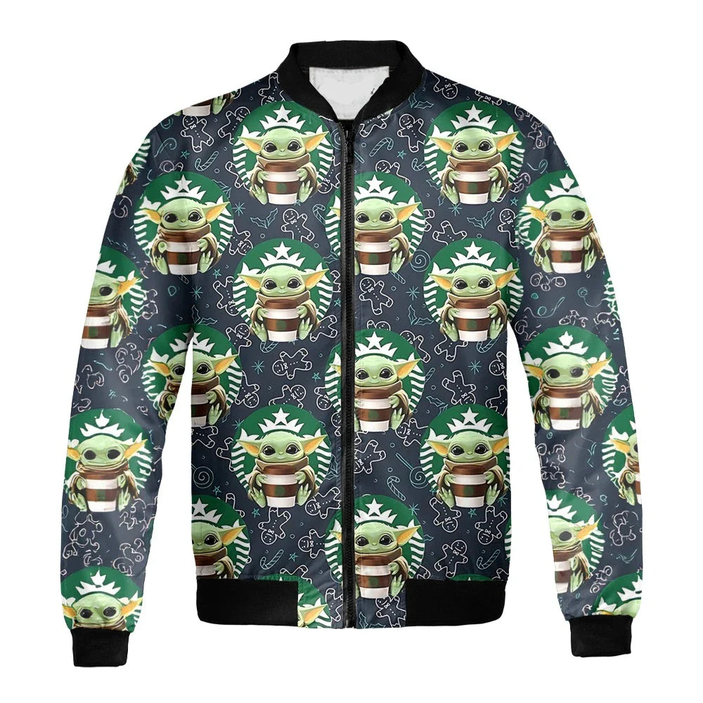 SW Bomber Jacket Grogu Coffee Christmas Pattern Bomber Black Green Unisex