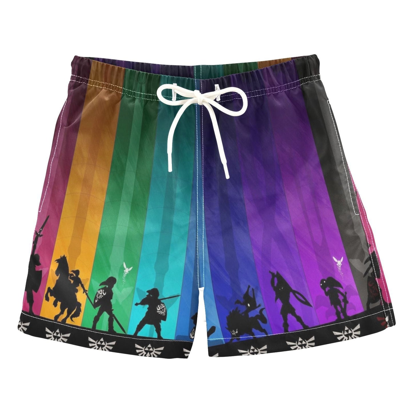 The Legend Of Zelda Shorts Link Poses Silhouette Royal Crest Pattern Beach Shorts Colorful