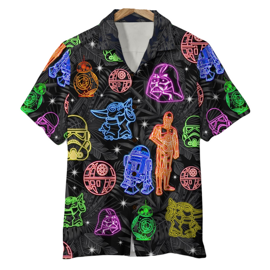SW Hawaii Shirt Darth Vader Droids Death Star Neon Light Hawaiian Shirt Black Unisex