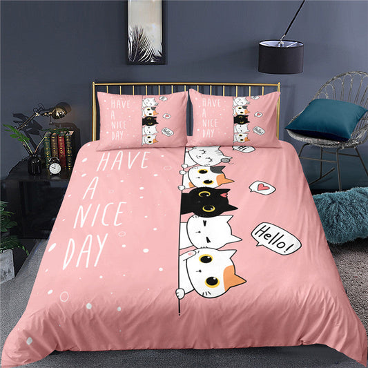 Cat Bedding Set Cartoon Cat Have A Nice Day Duvet Covers Pink Unique Gift