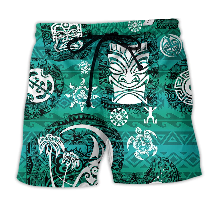 Turtle Shorts Tiki Maori Turtle Art Pattern Beach Shorts Green