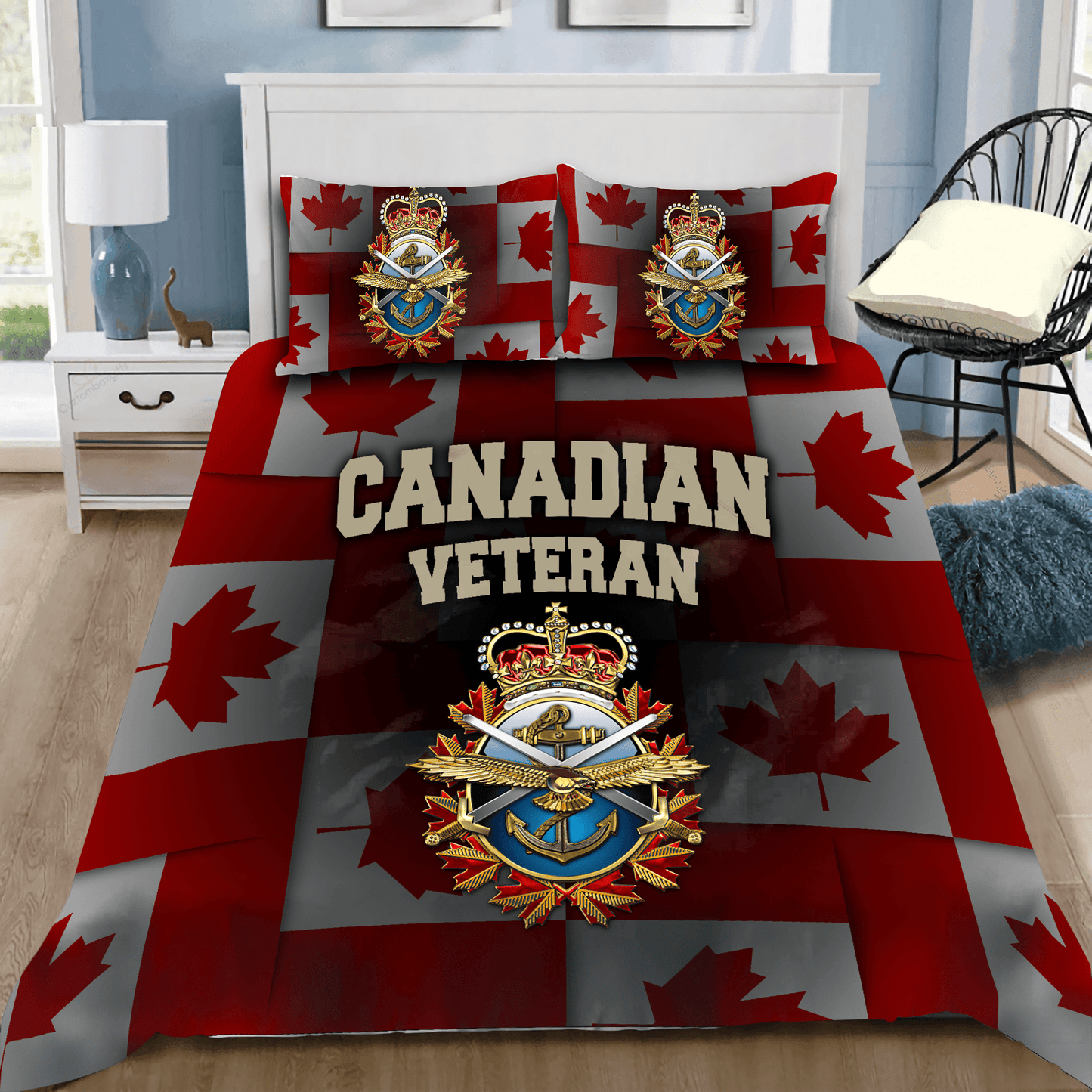 Veteran Bedding Set Canadian Armed Forces Symbol Flag Pattern Duvet Covers Red Unique Gift