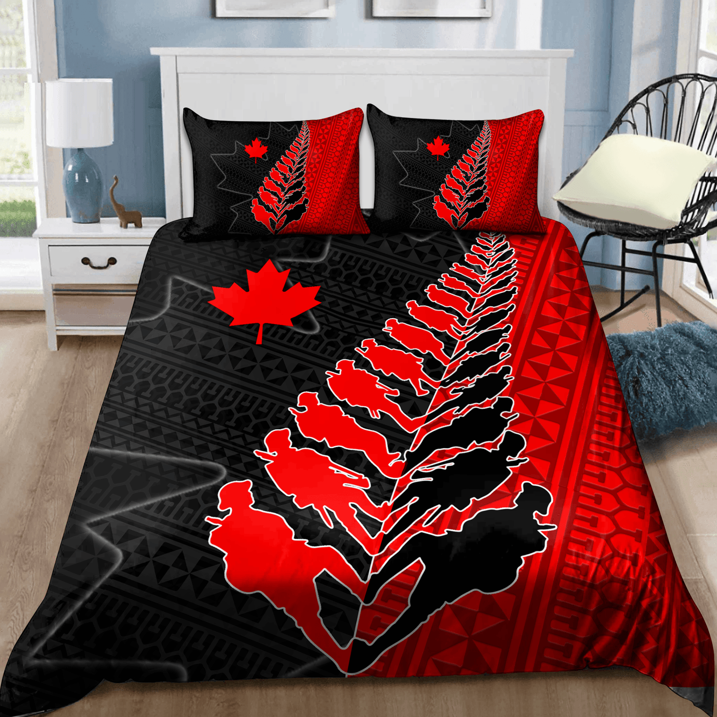 Veteran Bedding Set Canadian Veteran Soldiers Silhouette Duvet Covers Black Red Unique Gift