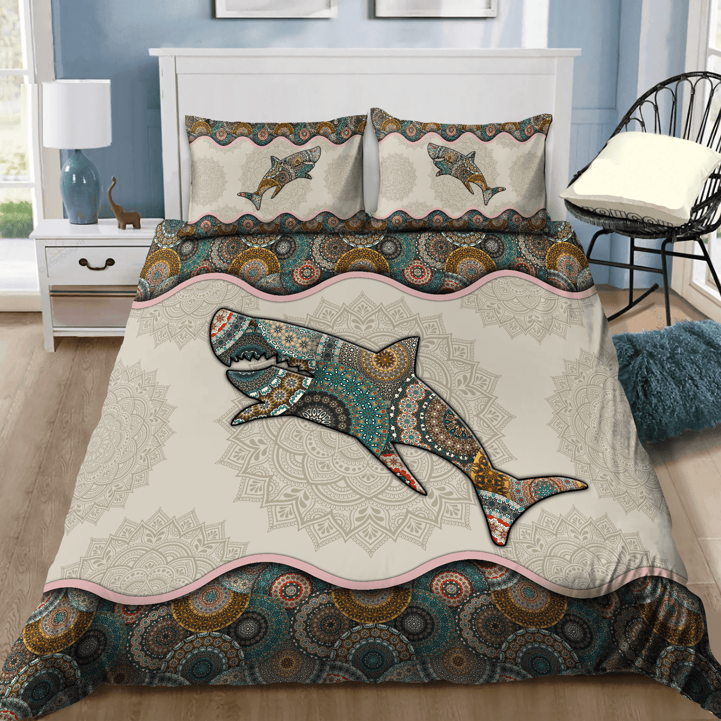 Shark Bedding Set The Shark Mandala Pattern Duvet Covers Green Brown Unique Gift