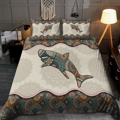 Shark Bedding Set The Shark Mandala Pattern Duvet Covers Green Brown Unique Gift