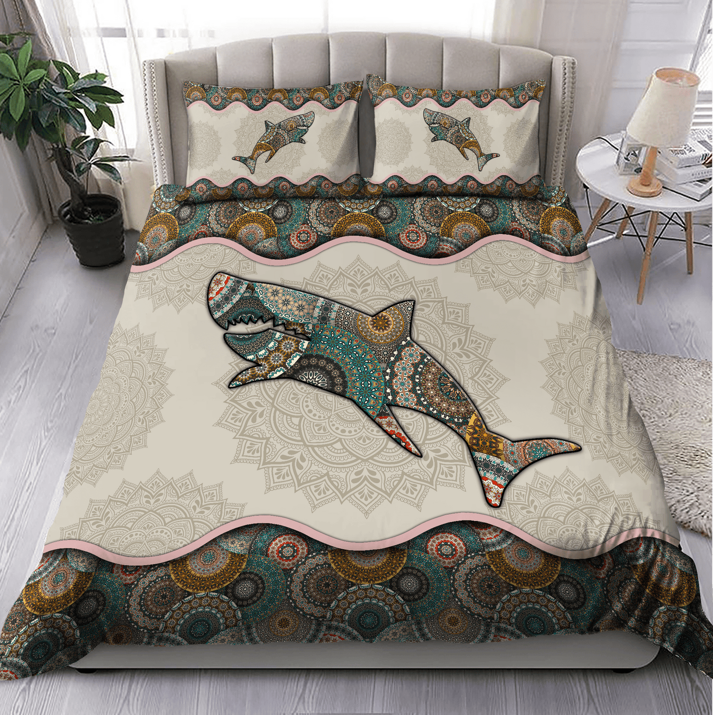 Shark Bedding Set The Shark Mandala Pattern Duvet Covers Green Brown Unique Gift