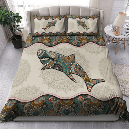 Shark Bedding Set The Shark Mandala Pattern Duvet Covers Green Brown Unique Gift