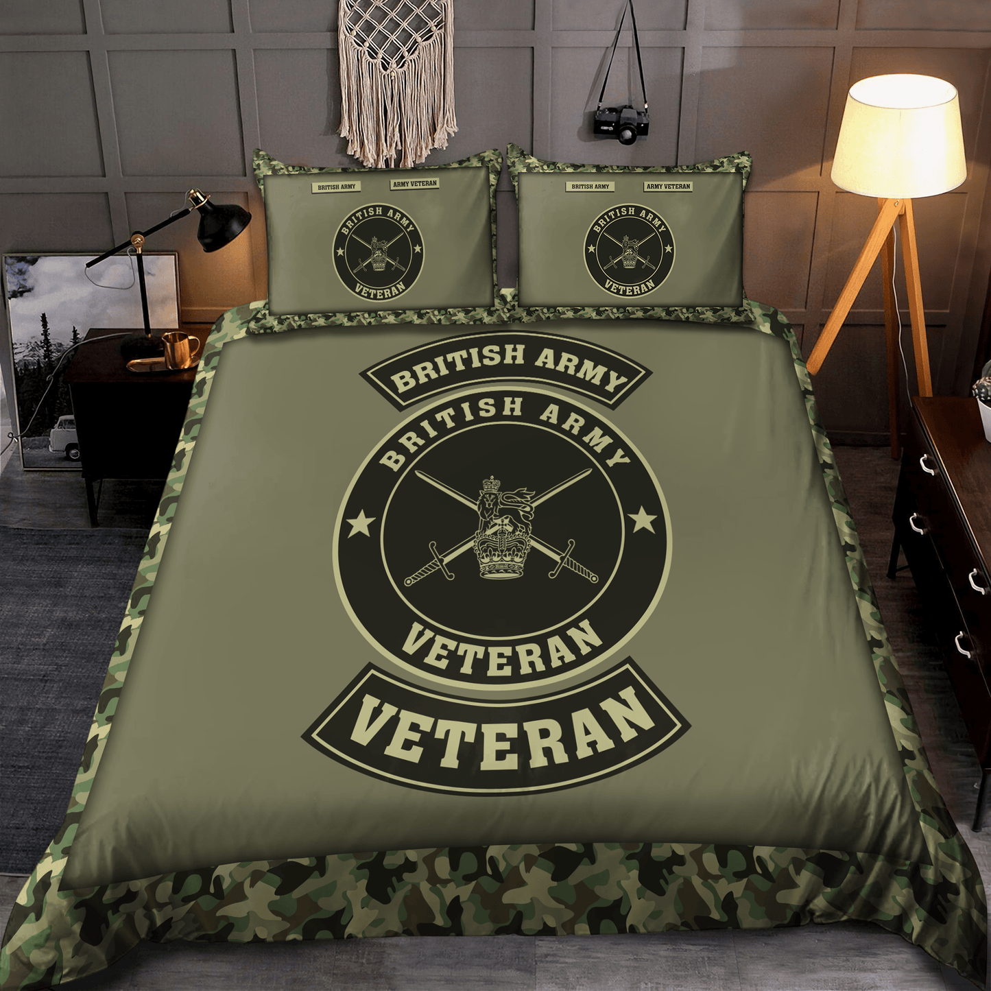 Veteran Bedding Set British Army Veteran Symbol Camo Pattern Duvet Covers Green Unique Gift