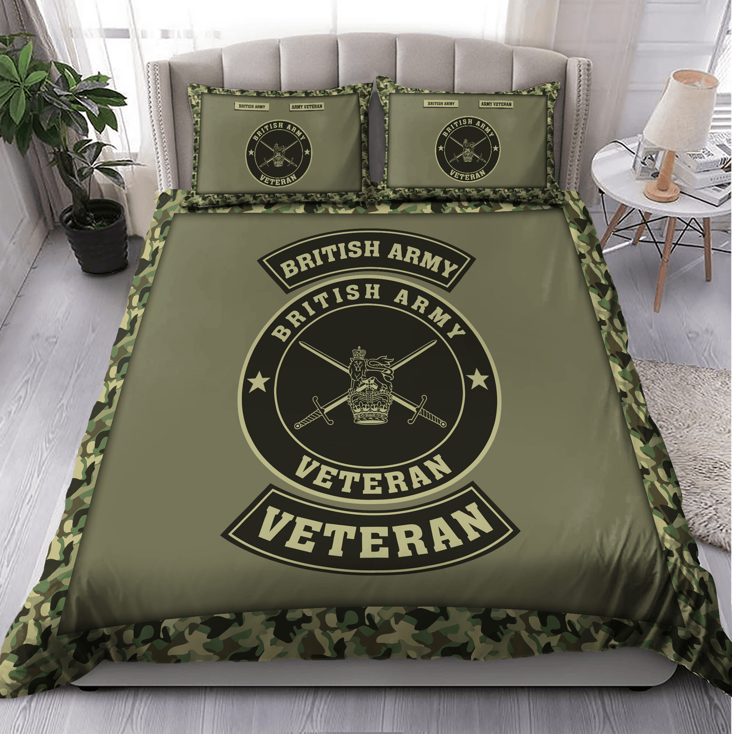 Veteran Bedding Set British Army Veteran Symbol Camo Pattern Duvet Covers Green Unique Gift