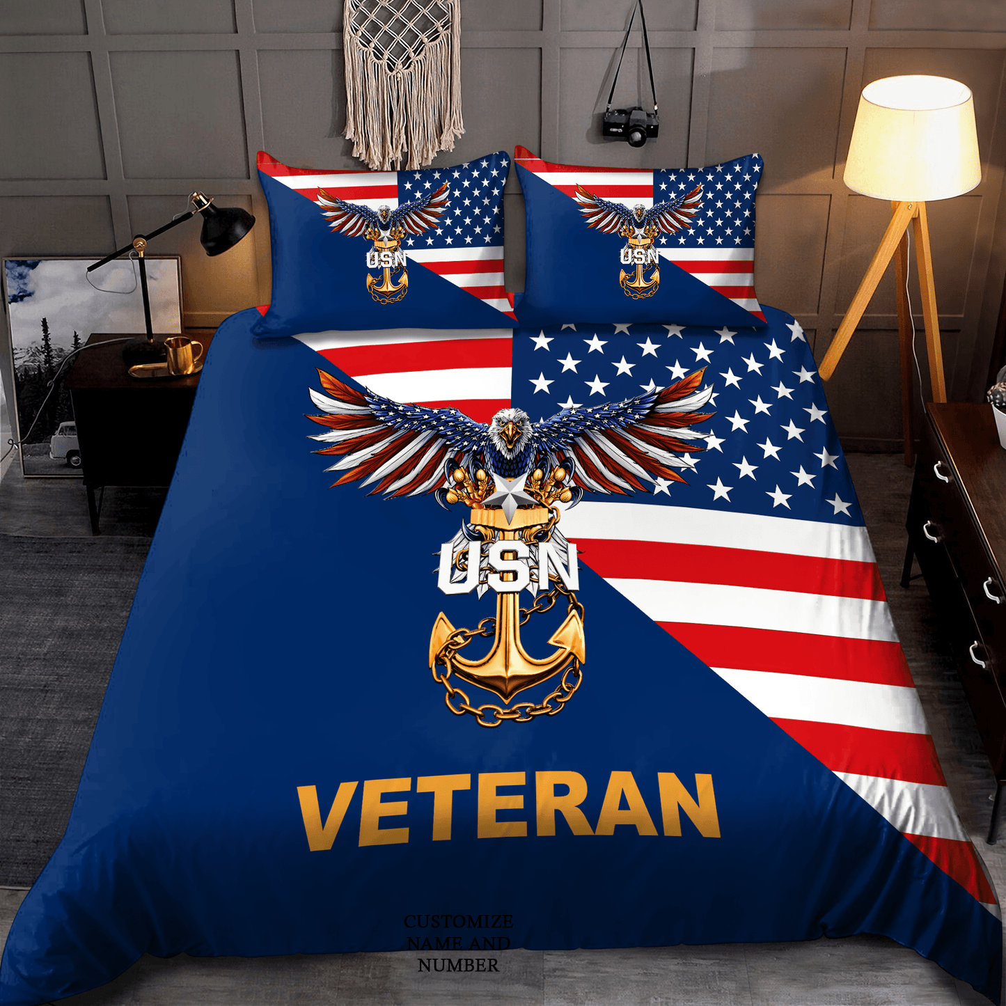 Veteran Bedding Set USN Veteran Symbol American Flag Duvet Covers Blue Unique Gift