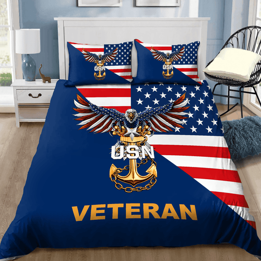 Veteran Bedding Set USN Veteran Symbol American Flag Duvet Covers Blue Unique Gift