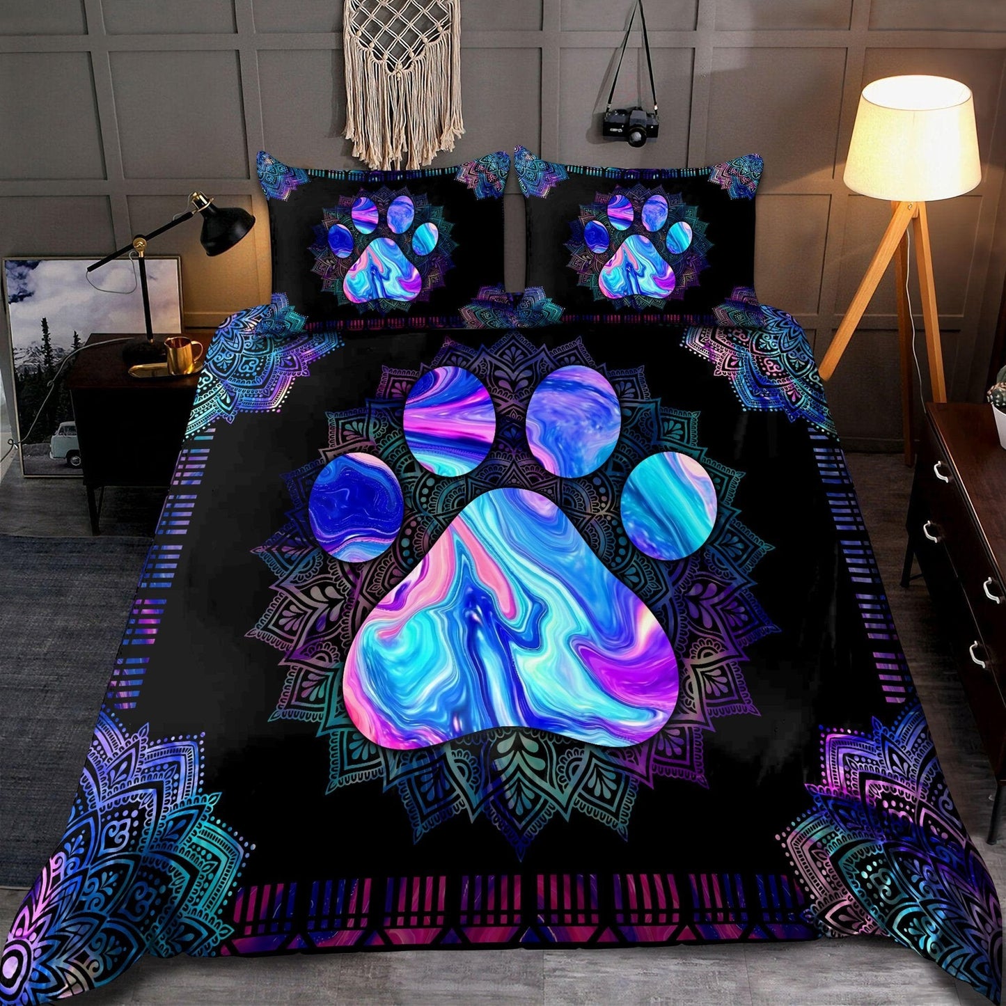 Dog Bedding Set Dog Pawprint Mandala Style Duvet Covers Black Blue Unique Gift