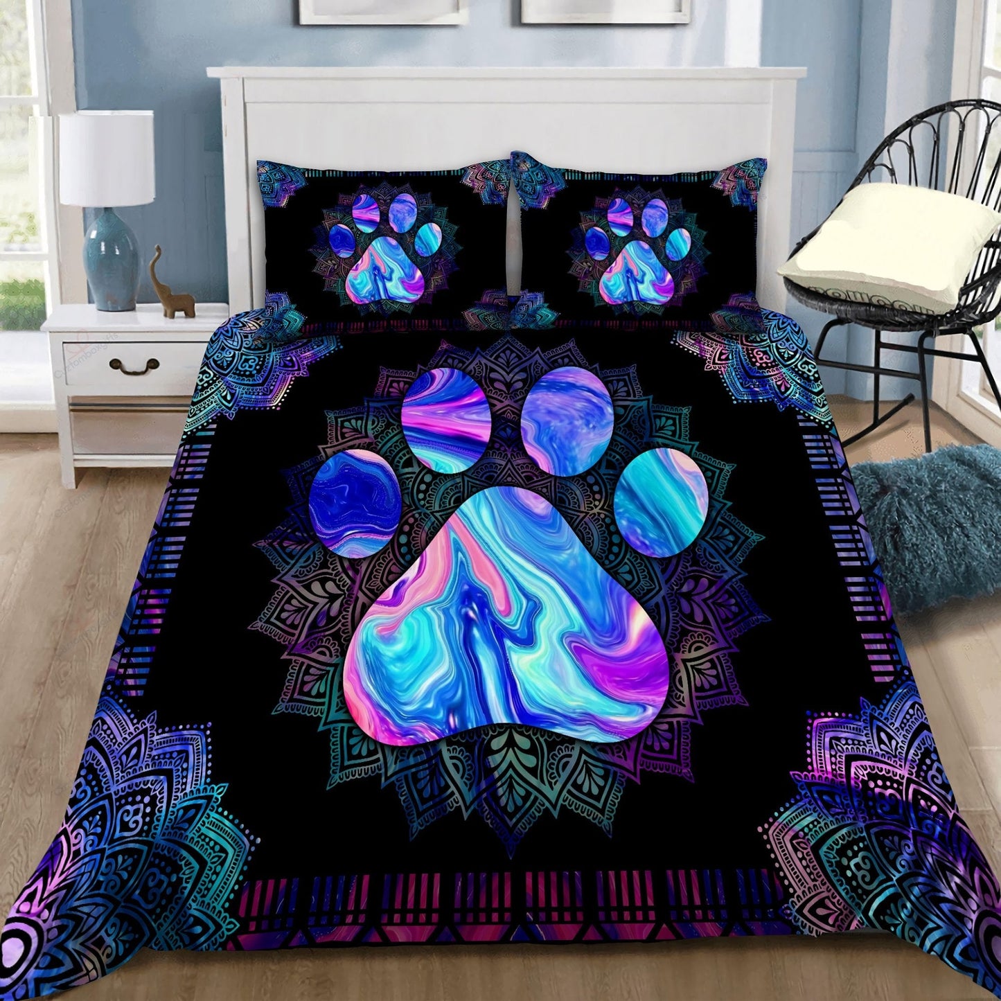 Dog Bedding Set Dog Pawprint Mandala Style Duvet Covers Black Blue Unique Gift