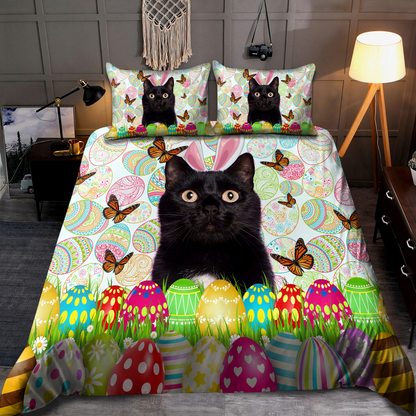 Cat Bedding Set Easter Day Black Cat Egg Pattern Duvet Covers Colorful Unique Gift